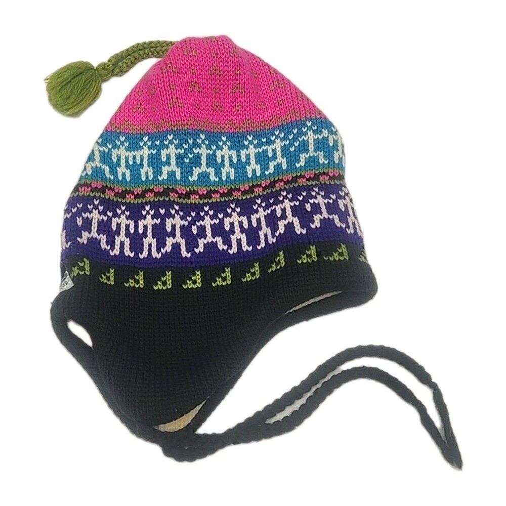 Smiley Beanie Ski Cap Hat 100% Wool Ear Flap Tassels Pink Blue Black Green USA